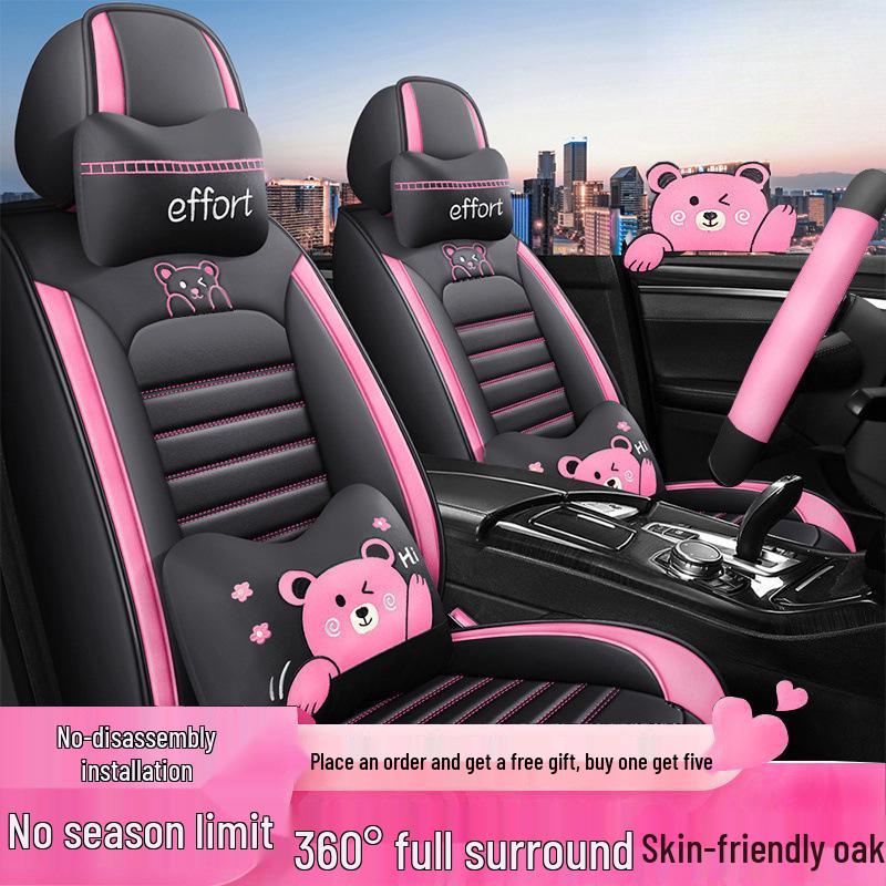 Комплект всесезонных чехлов на сиденья с полной защитой - Кожа и ледяной шелк с мультяшным дизайном