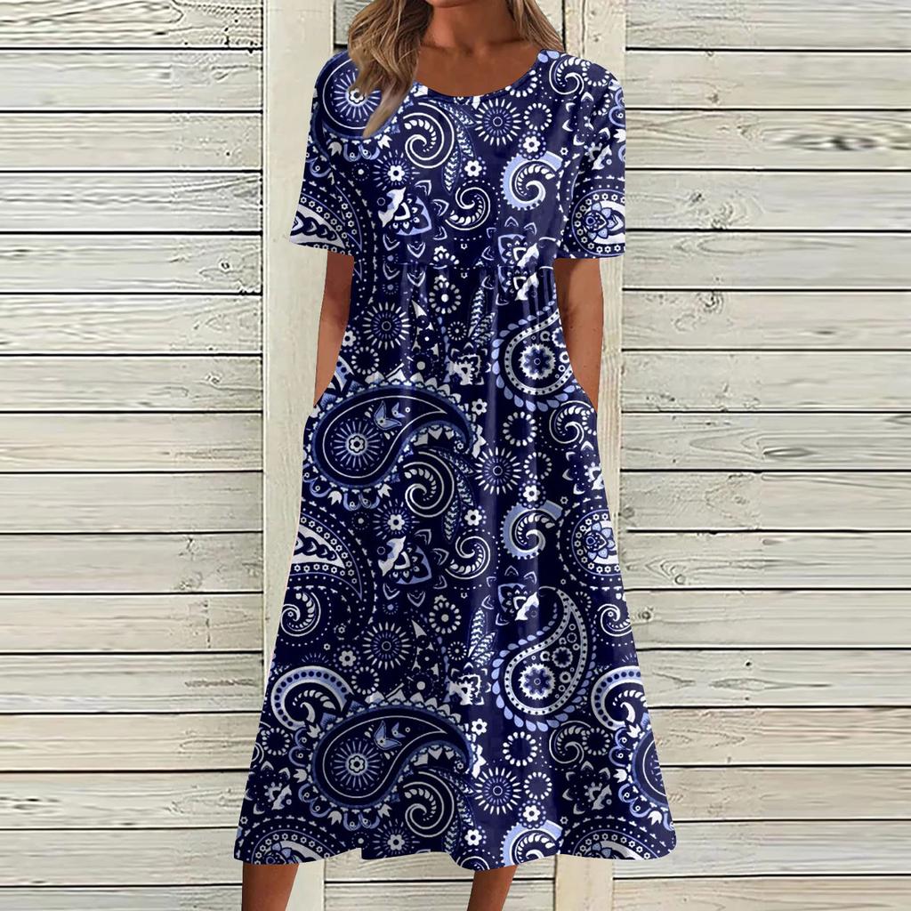 Жен. Повседневные платья Платья с принтами Летние платья С принтами Плиссированные платья-миди с круглым вырезом Классический Классический На открытом воздухе Повседневные С короткими рукавами Свободные платья