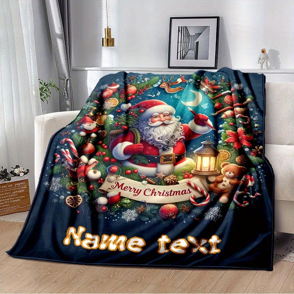 Santa Claus Christmas Customized Your Name Blanket Warm Comfortable Soft Blanket For Chair Office Sofa Bed Sofa Office Camping Suitable For Gifting