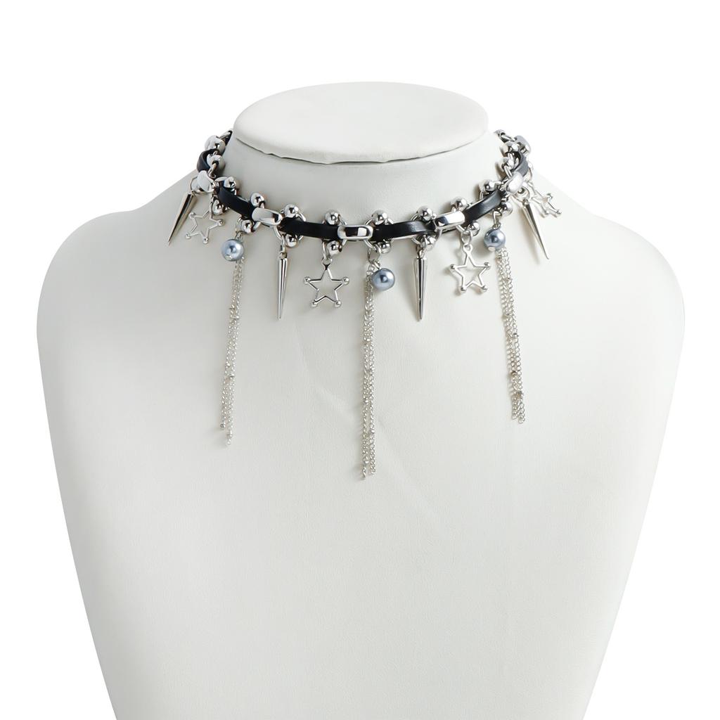 Панк Готический Стиль Пентаграмма Кисточка Кожаный Шнурок Цепочка на Ключицу Сладкая Крутая Острая Девушка Ожерелье
