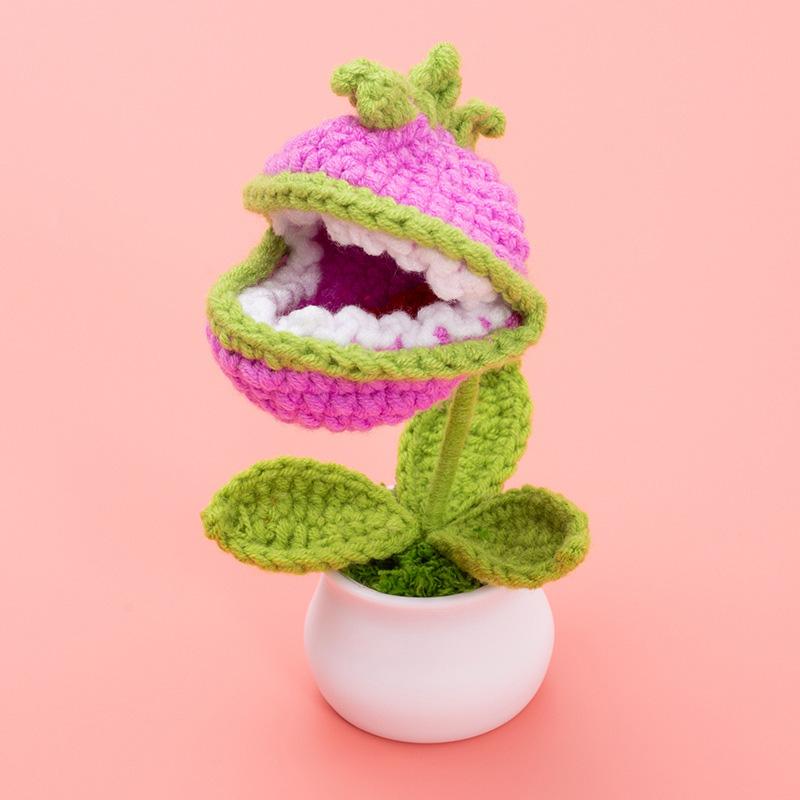 1PC Hand-Knitted Cannibal Flower Potted Crochet Ornaments Artificial Bonsai Desktop Decor