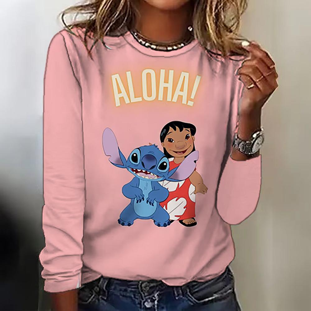 Новая женская футболка с круглым вырезом, топ с длинным рукавом, принт Disney Christmas Stitch, модная и трендовая женская футболка топ для аут