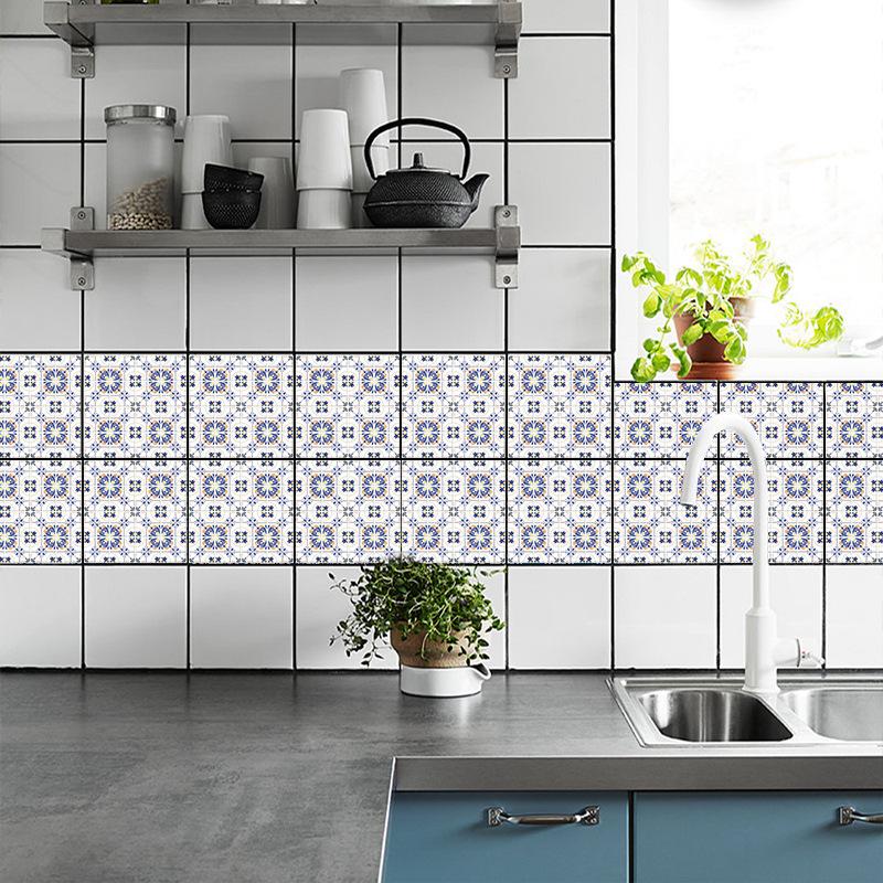 Blue Pattern Tile Sticker Kitchen Backsplash Oil-proof Bathroom Waterproof Home Decor Wall Decals Peel Stick Art Mural