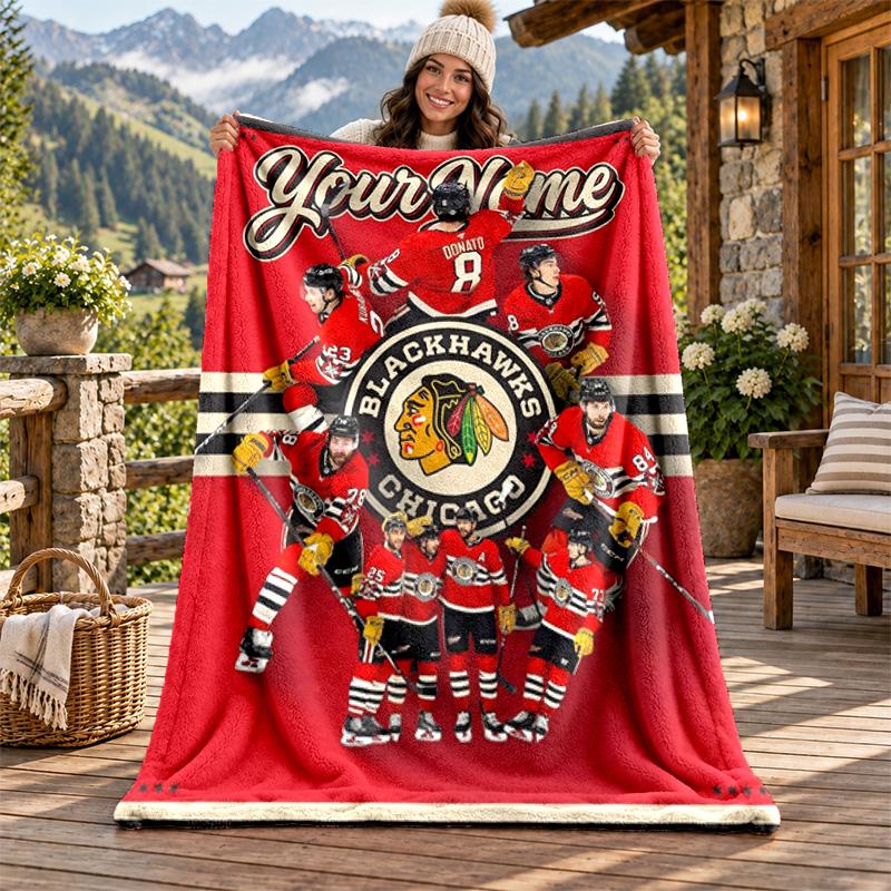 Chicago Blackhawks Custom Name Flannel Blanket Personalized Soft Warm Plush Throw Blanket Customized Gift for Family Friends