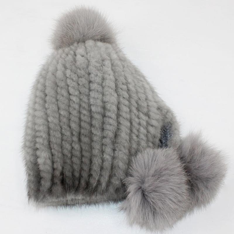 Women Winter Thick Real Mink Fur Hat with Fox Fur Pompoms Knitted Natural Fur Cap Lady Outdoor Warm 100% Real Mink Fur Hats