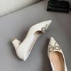 Fashion Crystal Bowtie Shoes Ladies Office Work Chunky High Heels Bridesmaid Wedding Pumps Woman Wedges Pointy Toe Mary Jeans Mujer