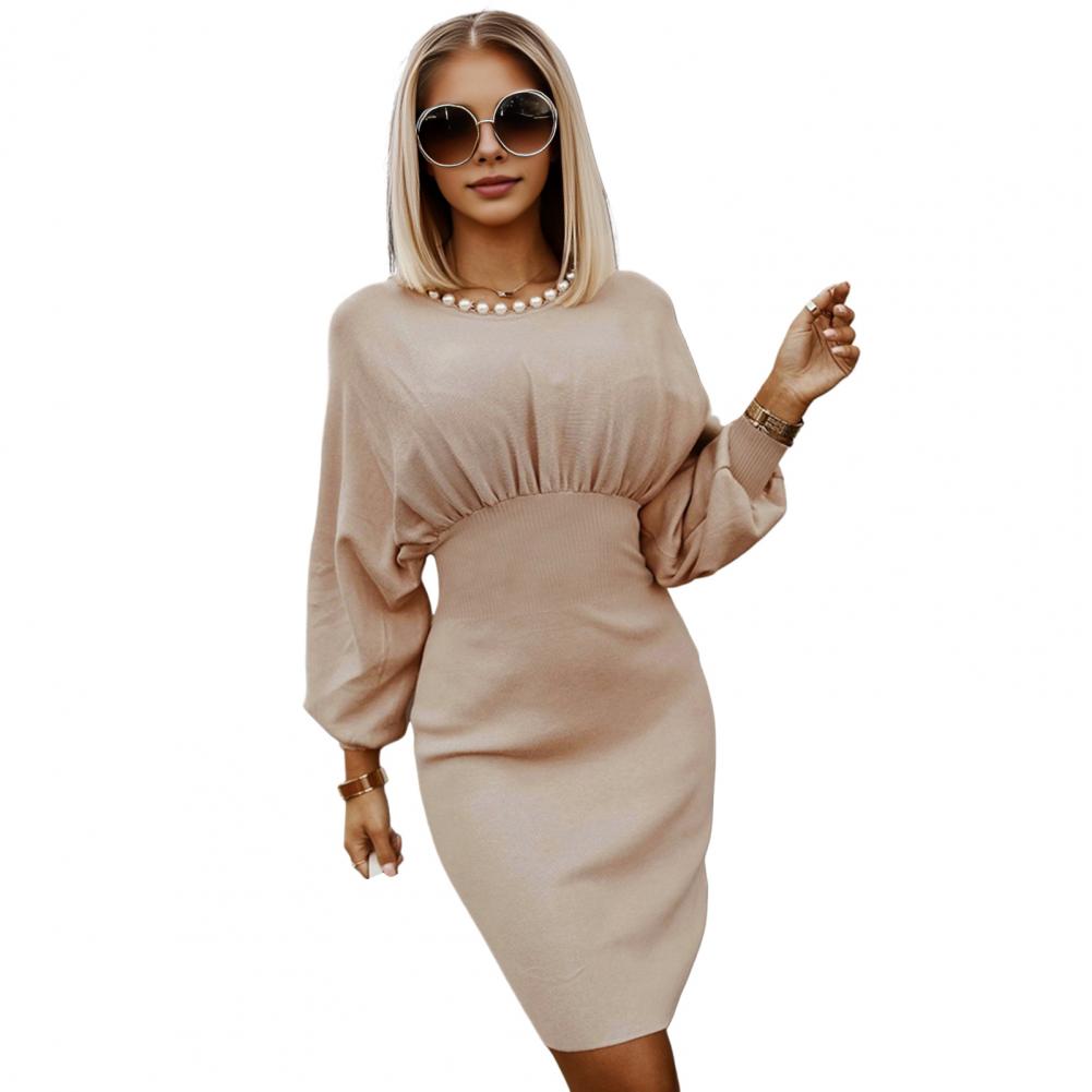Осенне-весеннее женское платье облегающего кроя, однотонное, с косым вырезом на одно плечо, рукавами-фонариками, эластичное, для шопинга, на работу, миди-платье