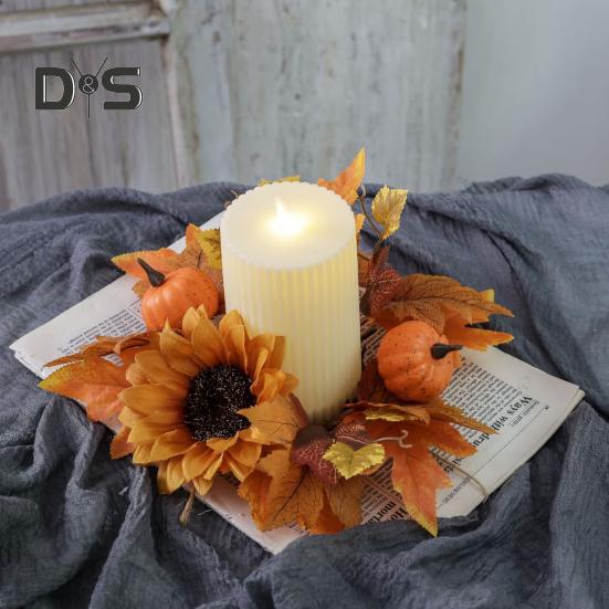 Halloween Candle Ring Wreath Artificial Pumpkin Sunflower Maple Leaf Wreath Pillar Candle Holder for Wedding Home Table Decoration
