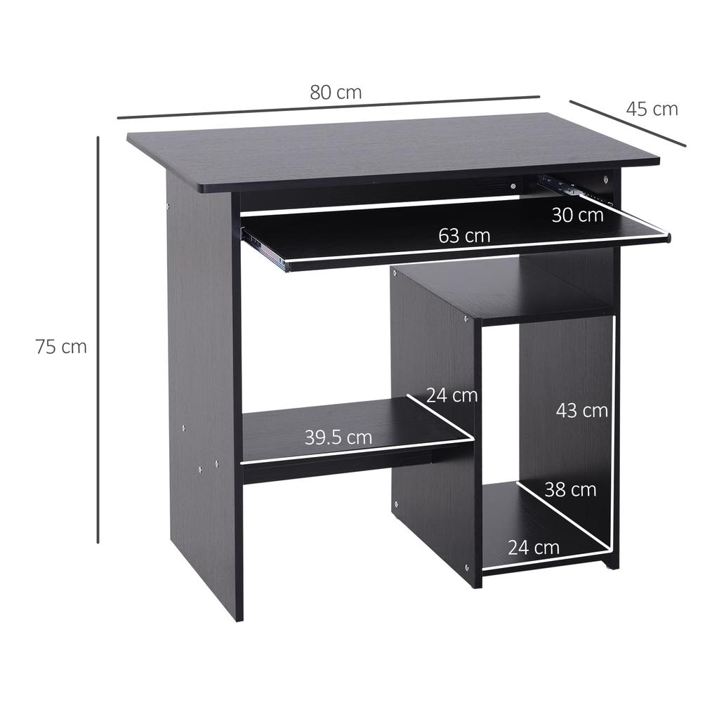 Modern PC Desk in Wood with CPU Shelf and Pull-Out Keyboard Space, 80x45x75 cm, Black