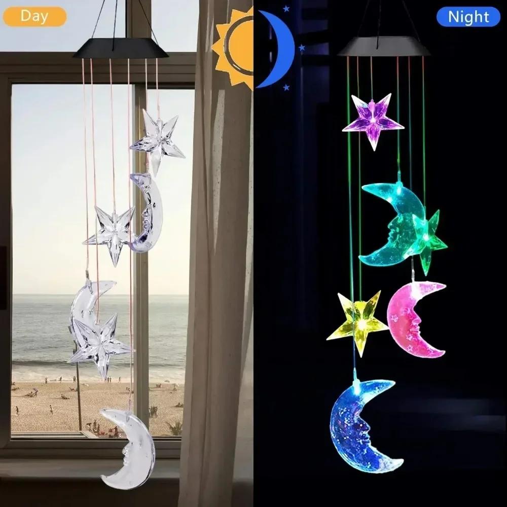 LED Solar Wind Chime Light Garden Stars Moon Wind Chime Lamp Colorful Waterproof Hanging Solar Light for Garden Yard Home Decor