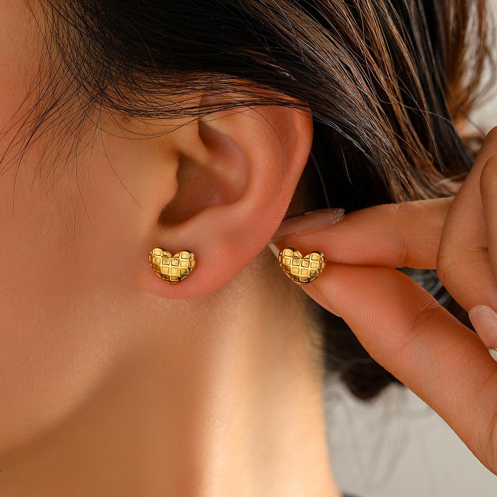 DIEYURO 316L Stainless Steel Golden Silver Double Grid Stripes Heart Earrings Lady Trend Classic Earbob Christmas Jewelry