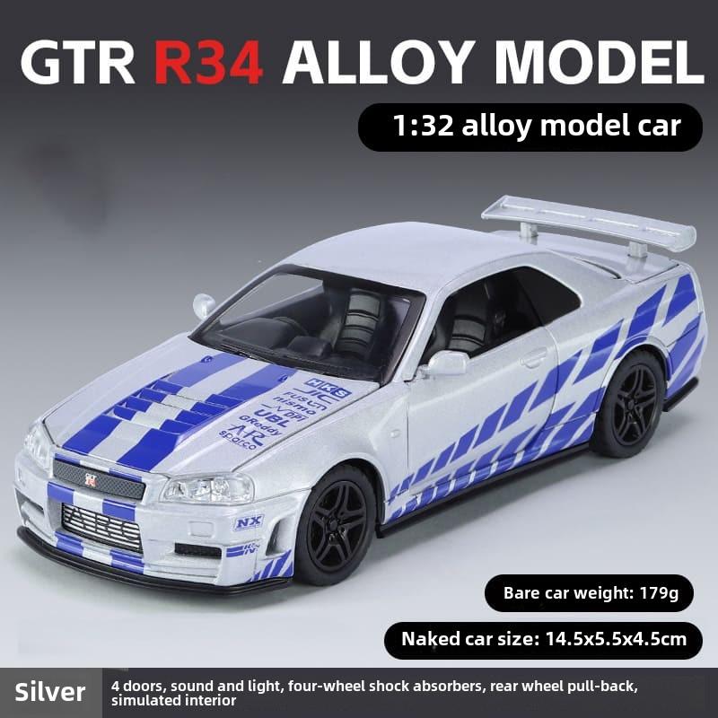 New 1:32 GTR R34 Low Lying Sports Car Alloy Die-cast Toy Car Metal Toy Car Model Sound and Light Pull Back Collection Children's Toy Gift
