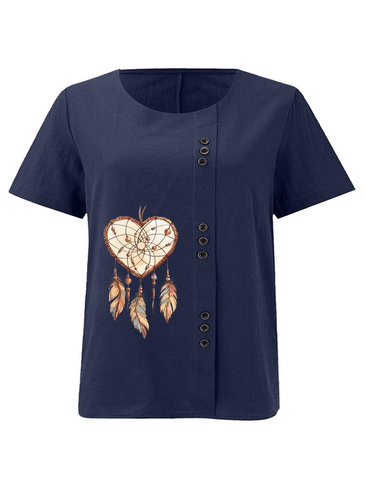 Women's Fashion Love Feather Print Shot Sleeve T-shirt Loose Cotton Shirt Casual Loose Summer Blouse Tops Plus Size