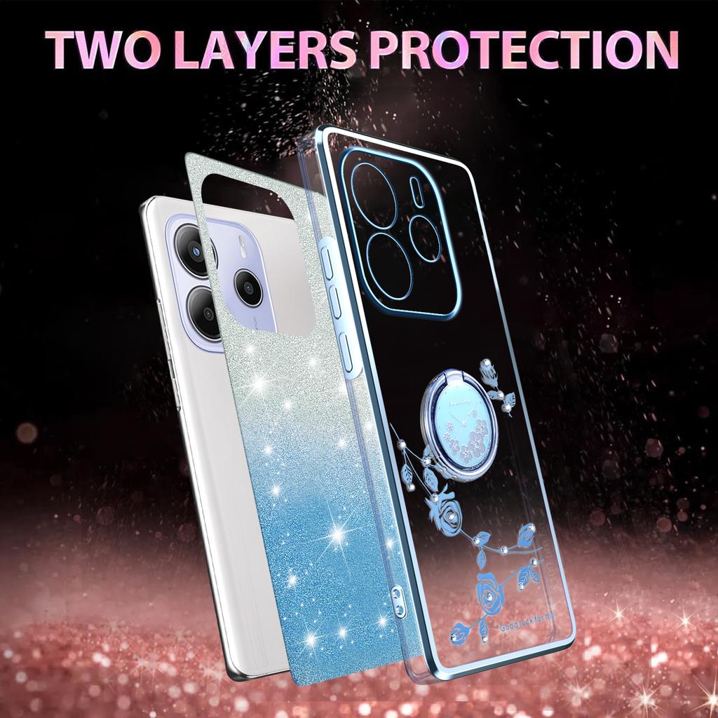 For Xiaomi Redmi Note 14 Pro 4G Case Ring Kickstand TPU Flowers Phone Cover Gradient Glitter