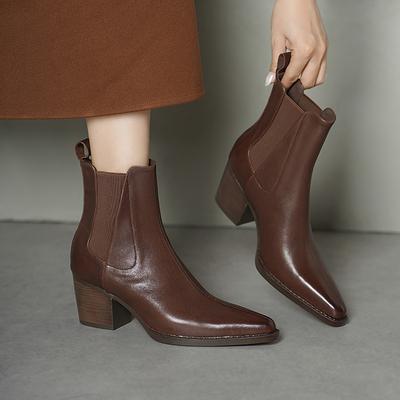 Французские остроносые ретро ботильоны на толстом каблуке женские 2025 осень и зима коровья кожа высокий каблук челси универсальные и стройнящие ботинки мартин