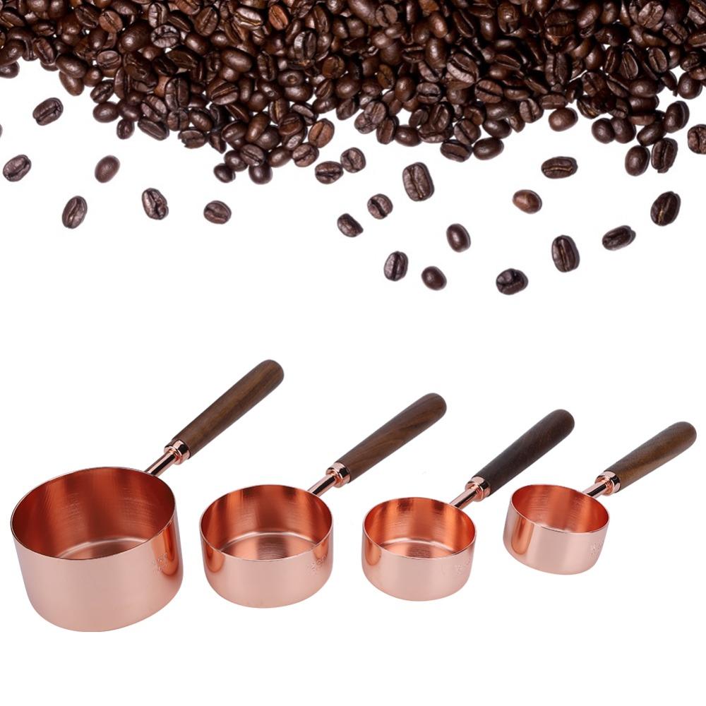 4PC Set Wooden Handle Measuring Cup Set Rose Gold Finish Kitchen Measuring Tools For Baking