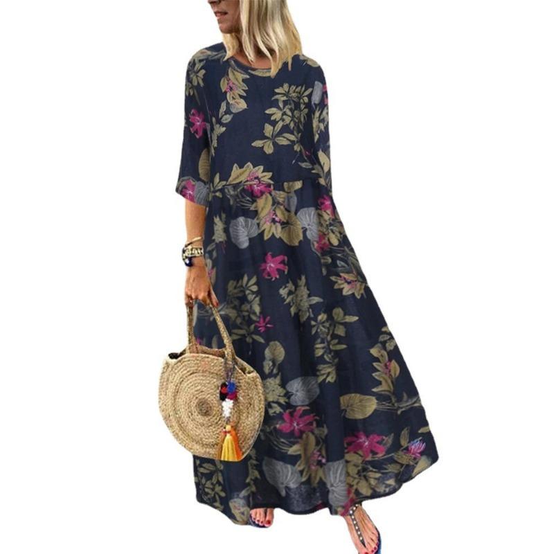 Женское длинное винтажное богемное платье с плиссированными рукавами и принтом на талии