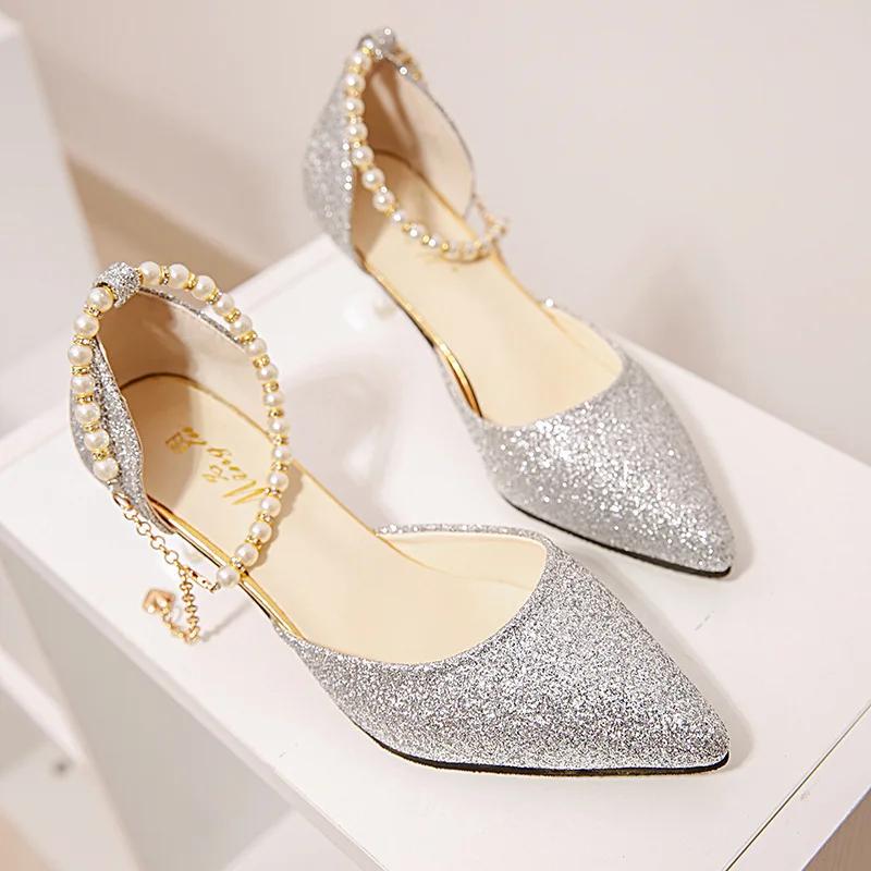 Sexy Women High Heels Pointed Toe Pearl Party Shoes Women Fashion Designer Sandals Luxury Bling Women's Pumps Sandalias De Mujer
