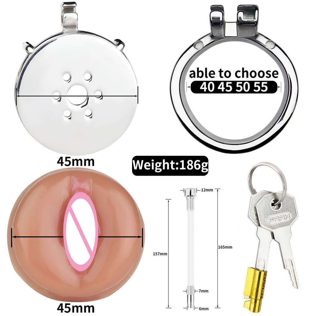 FAAK Strapon Stainless Steel Chastity Device Urinary catheter Flat Cock Cage With Silicone Realistic Clitoris Sex Toys For Men