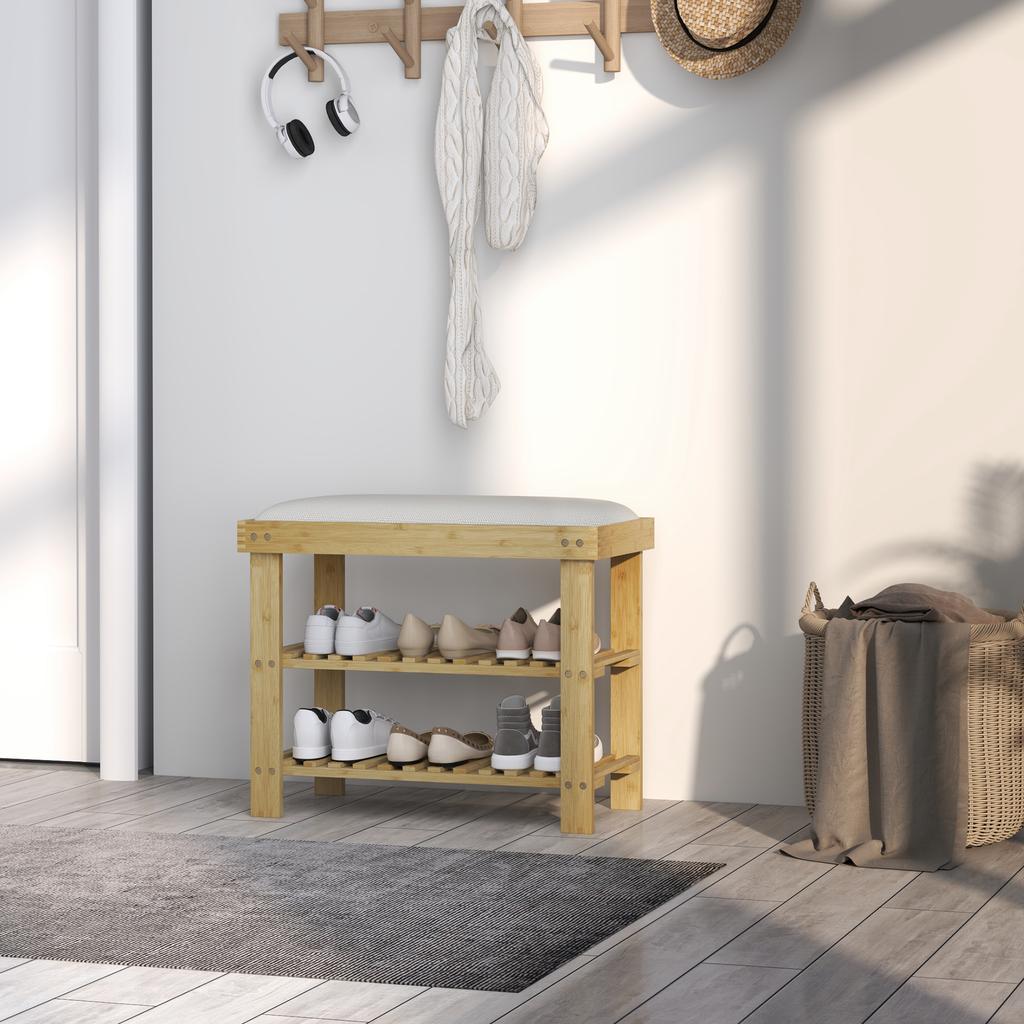 Shoe Bench with Seat, Bamboo Bench with Storage, 2 Open Compartments, Bench 60 x 29 x 49 cm Cream White