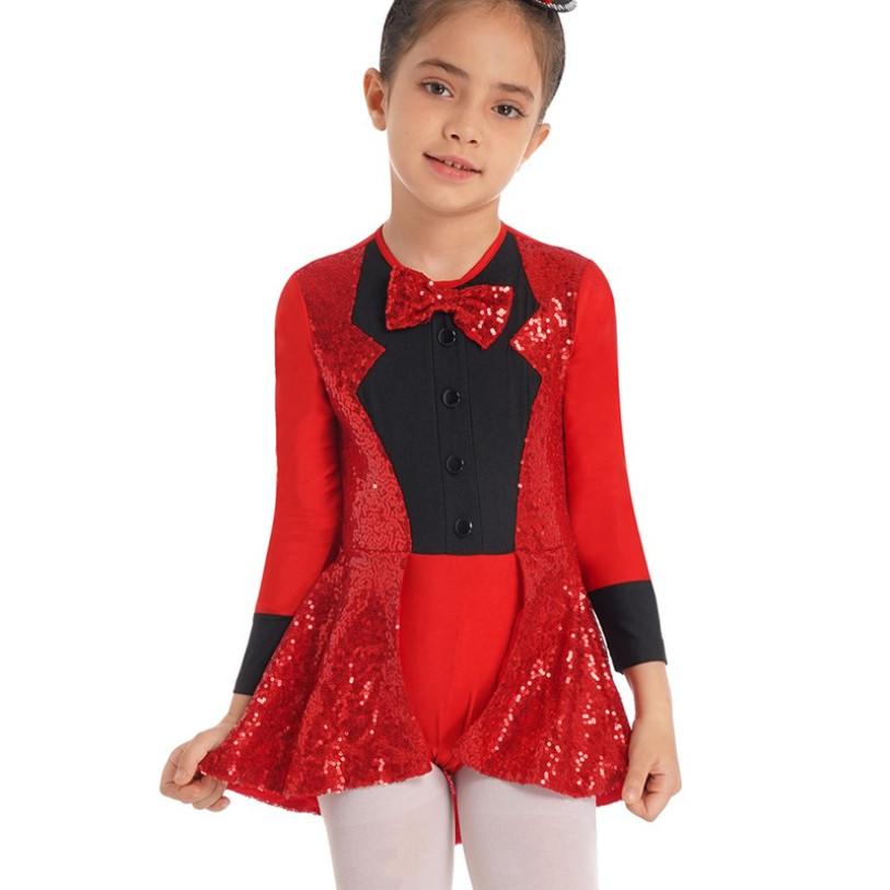 Kids Girls Halloween Cosplay Circus Ringmaster Dress Up Costume Sequins Jazz Dance Wear Leotard Dress