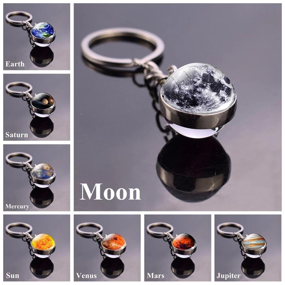 Sun Earth Double Side Glass Ball Nebula Moon Keychain Solar System Planet Keyring Luminous