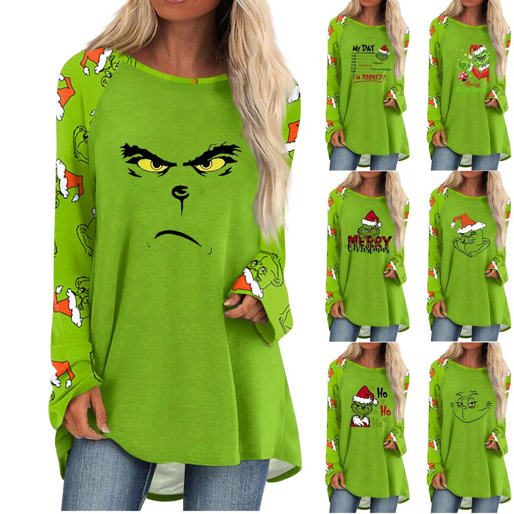 Women's Fashion Casual Long Sleeve Christmas Print Round Neck Pullover Top Blouse