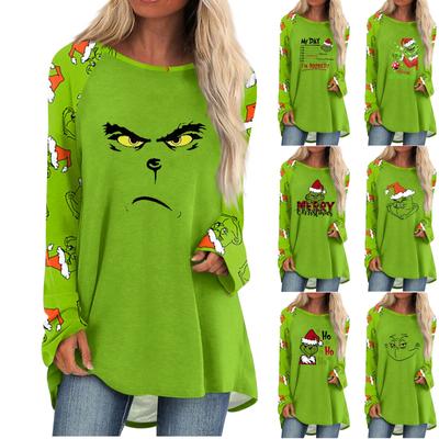 Женская мода, повседневная блузка с длинным рукавом и рождественским принтом, пуловер с круглым вырезом