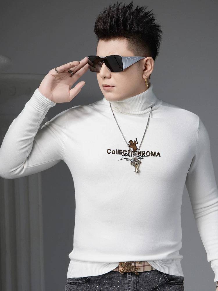 Ozhouzhan 2025 Autumn and Winter Warm Turtleneck sweater Men's Trendy Print Knitted Bottoming Shirt Inner wear Sweater