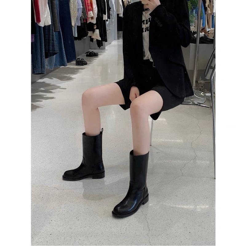 Women's Wide Tube Boots Round Toe 4CM Square Heel Comfortable Casual Women Shoes Velvet Black Pleated Leather Mid-Calf Boots