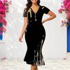 Women Plus Size V Neck Short Sleeve Black Gold Printed Fitted Fishtail Dress