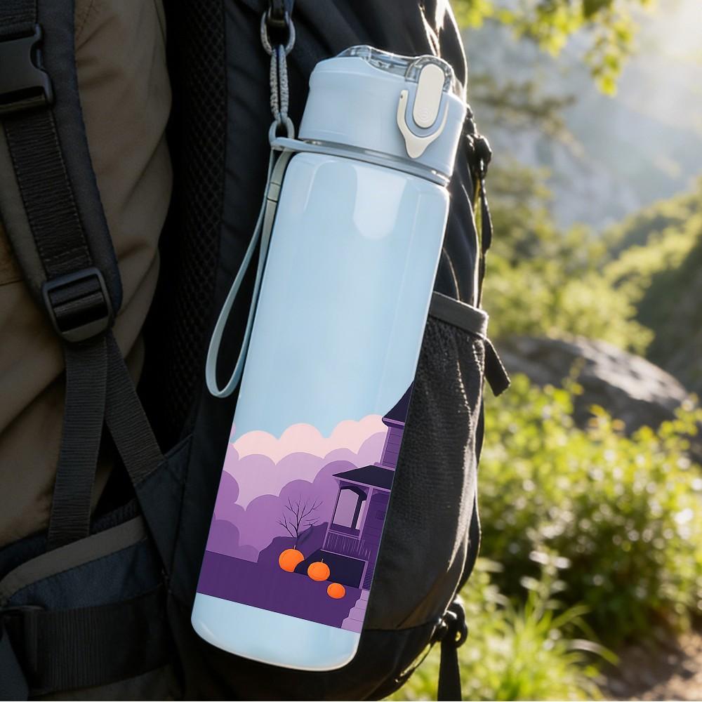 1PC Spooky Purple Castle House Print 750ml Color Plastic Sports Water Bottle Leakproof Flip Straw Lid Suitable for Sports Office Home Use