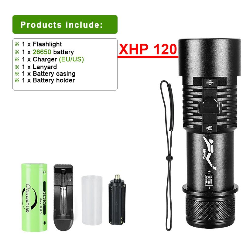 Профессиональный фонарик для дайвинга IPX8 XHP 120, желтый фонарь для дайвинга, 800 м, водонепроницаемый светильник для дайвинга, подводный фонарь