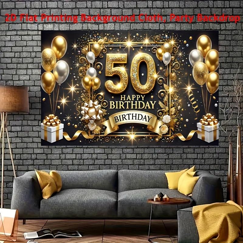 2D flat 1pc 50th birthday celebration party banner - gold and black polyester background gifts and glittering decorations
