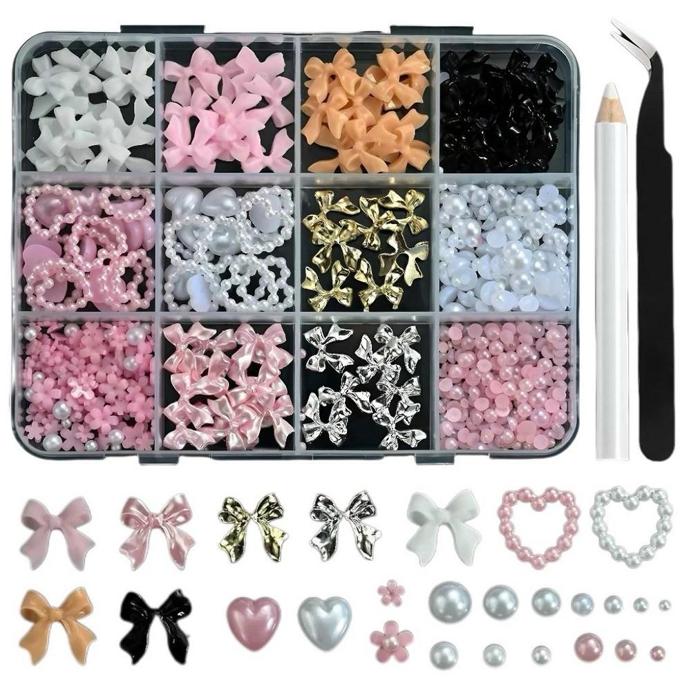 Byeolla DIY Nail Parts Large Ribbon Heart Pearl Flower Set