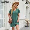 Плюс Размер Женское Летнее Новое Однотонное V-образное Вырезом Свободное Короткие Рукава Повседневное Платье