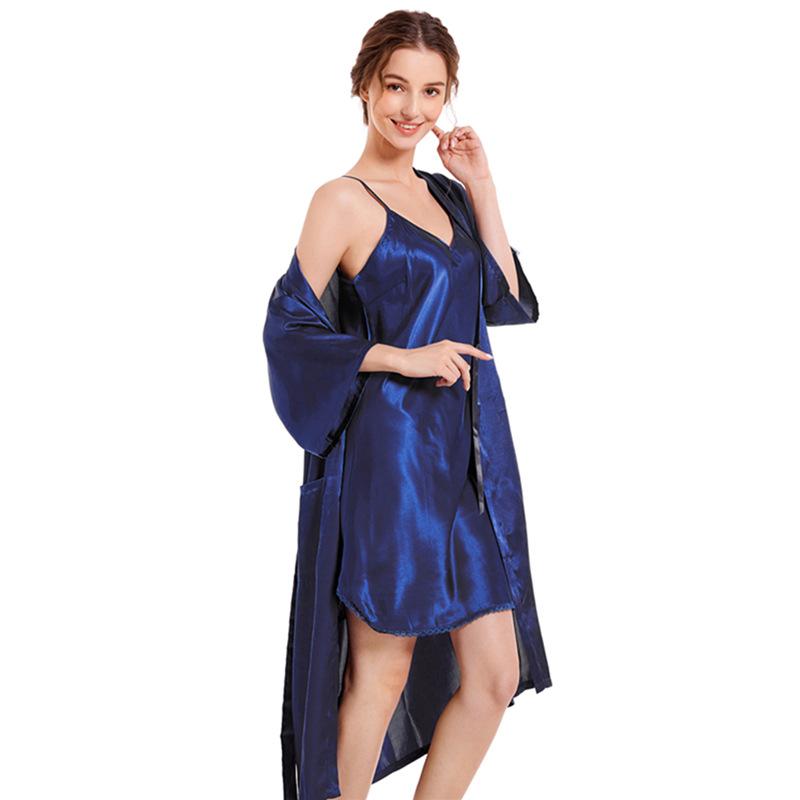Женская домашняя одежда весна-осень средней длины, однотонная одежда для отдыха, сексуальный халат с V-образным вырезом, комплект из двух предметов, пижамная одежда из ледяного шелка