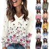 Women's Fashionable Oversized V-Neck T-Shirt With Floral Print Long-Sleeved Pullover Top