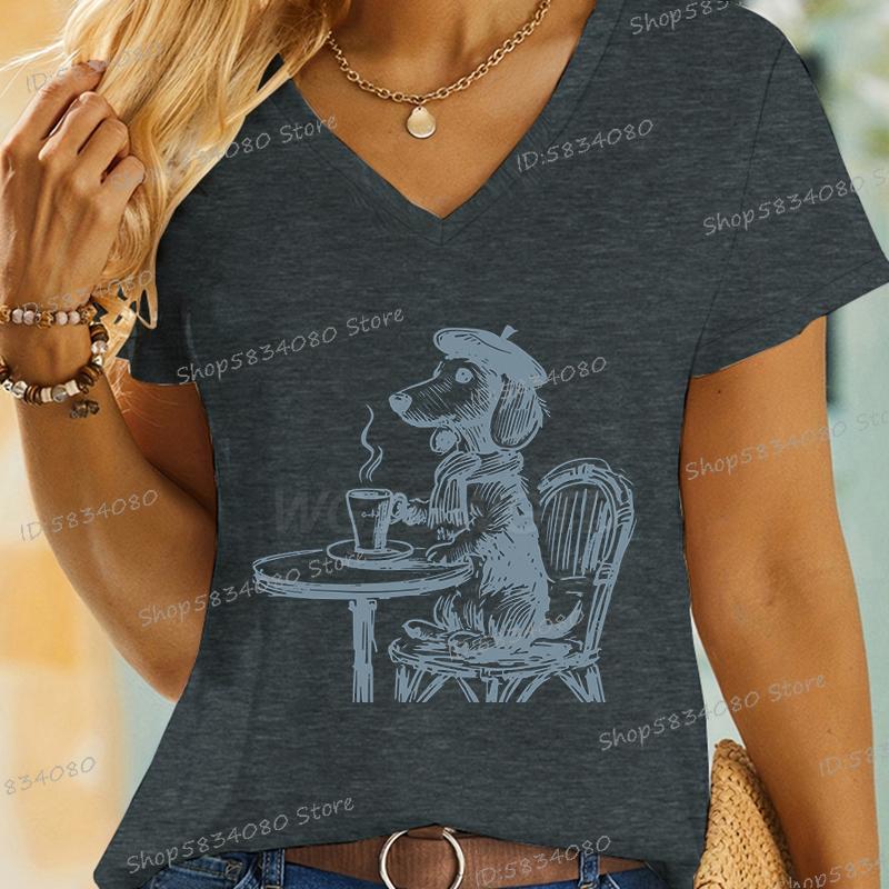 Vintage Dog TShirt for Women Coffee Dachshund Mom Short Sleeve Tee Coffee Lover Gift Fashion Dachshund Owner Funny T Shirts