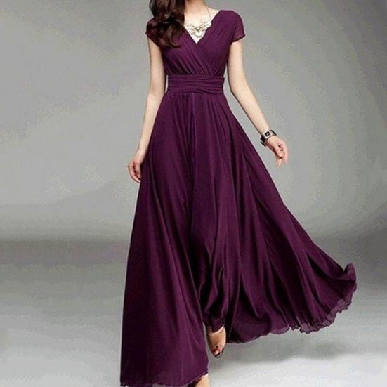 Плюс размер однотонное женское вечернее платье с V-образным вырезом и коротким рукавом Slim Fit Maxi Dress