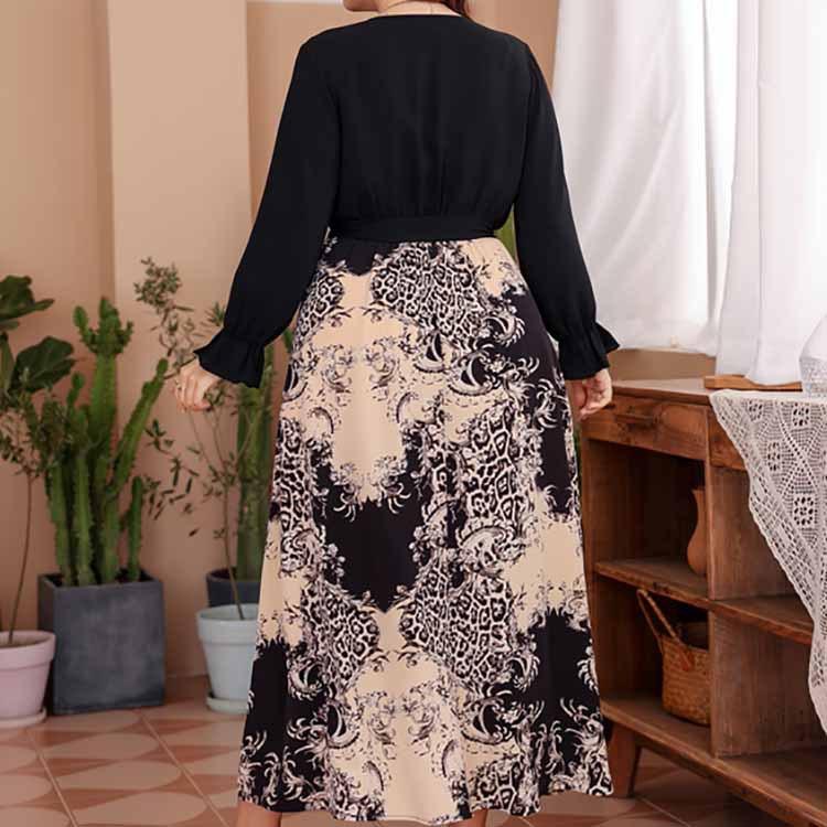 Women's Plus Size Temperament Long Dress Sheath Elastic Waist Tie Printed Sexy V-Neck Dresses