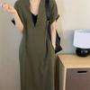 Yousheng Women's Summer Short Sleeve T-shirt Dress Half Zip V Neck Maxi Dress Casual Long Sundress with Pockets for Beach Vacation