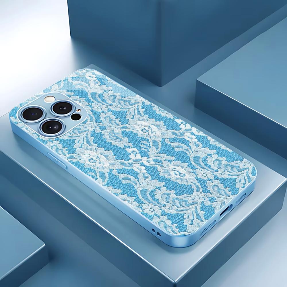 Delicate White Lace Blue phone case for iphone 17 case for iphone 17 pro max cover Glass for iPhone 17 16 15 14 13 12pm Pro Plus