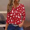 Женская футболка с рождественским принтом, на пуговицах, рукав 3/4, повседневная, выходного дня, модная, базовая, с V-образным вырезом, стандартный топ