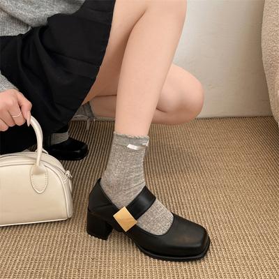 Туфли-лодочки женские на толстом каблуке в стиле ретро с неглубоким носком 2025 года, новые весенне-осенние туфли с увеличенным каблуком, универсальные туфли Мэри Джейн с квадратным носком и высоким носком