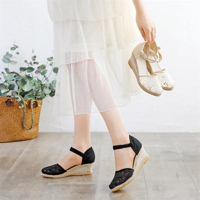 Женские сандалии на танкетке в сетку Baotou Классические женские льняные сандалии с пряжкой