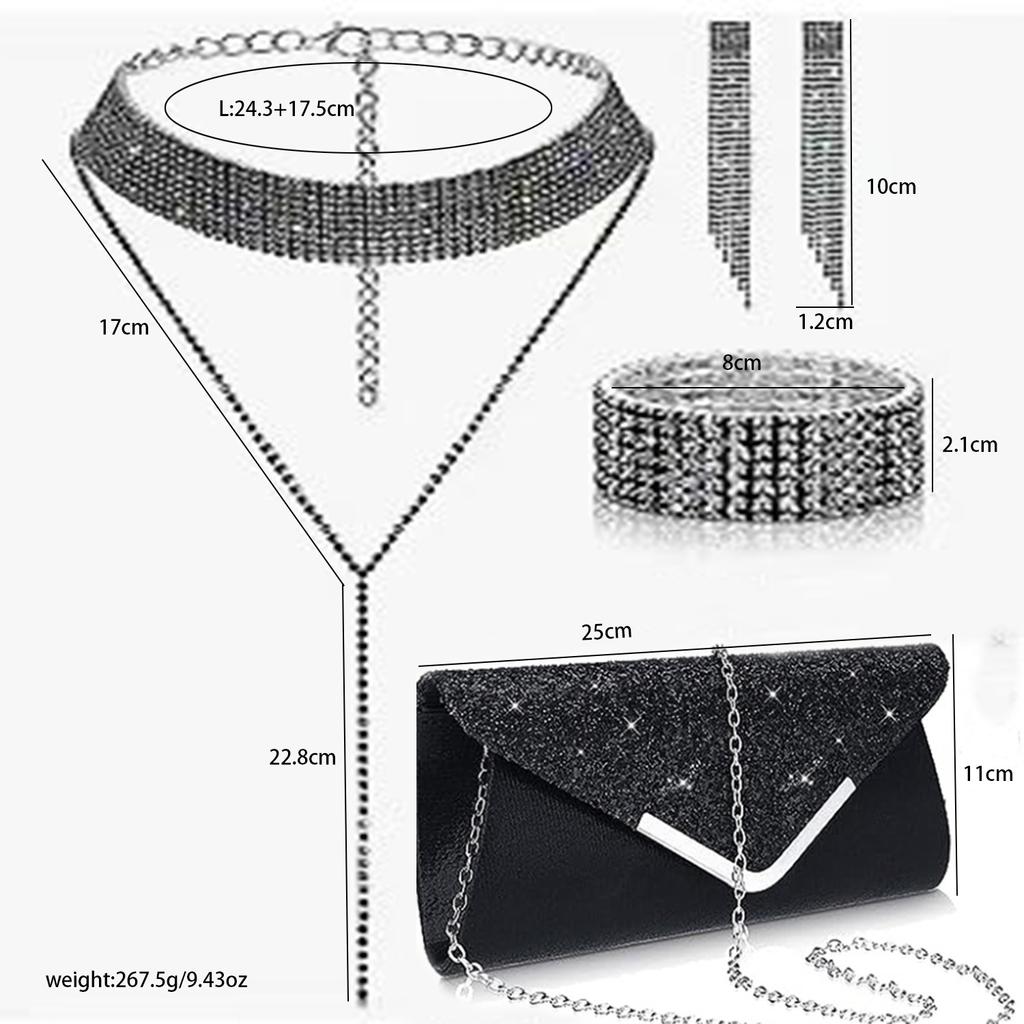 Fashion Set Necklace Soil Diamond Niche Geometric Tassel Earrings Bracelet Dinner Bag Four-piece Women's Set