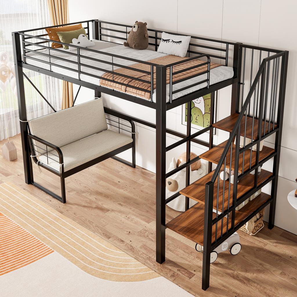Bunk bed (90 x 200) with sturdy metal frame, removable upholstered sofa, storage space and safety staircase. Suitable for children and adults. Black.