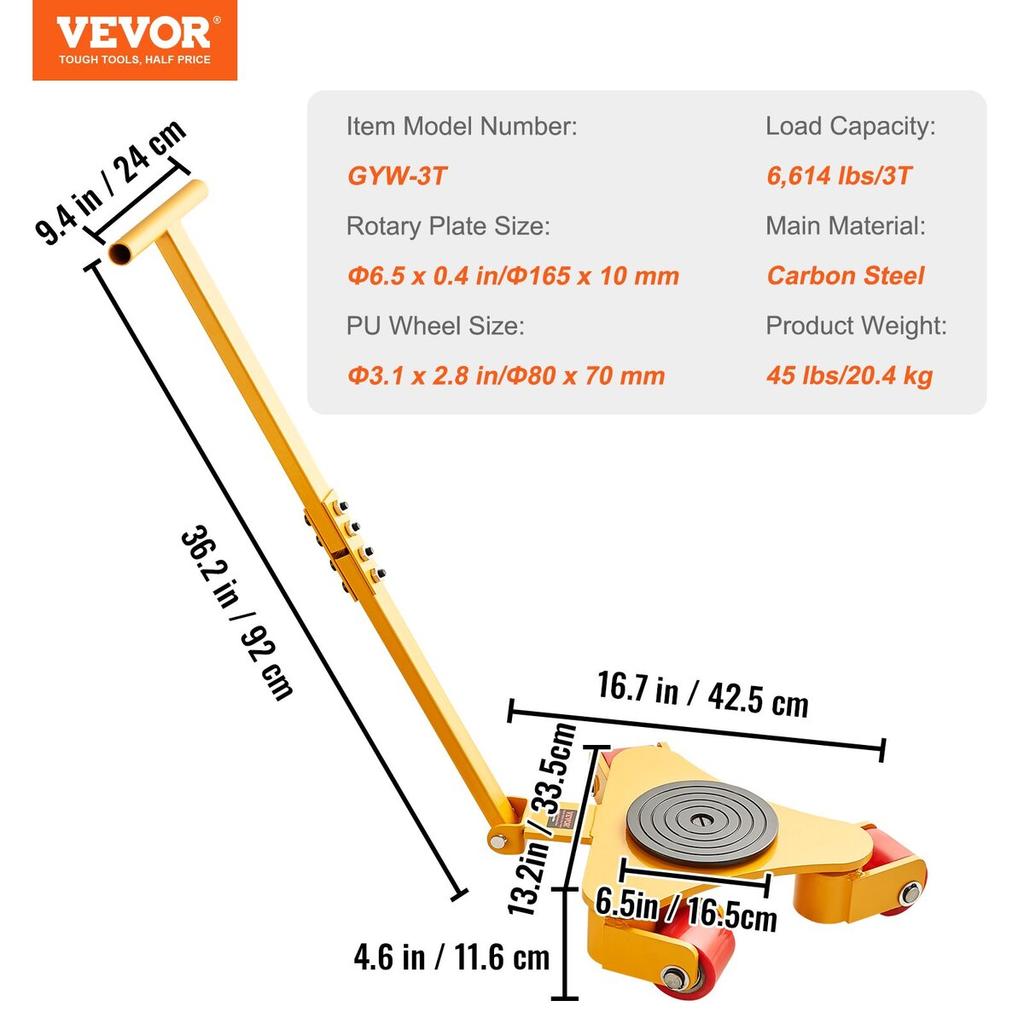 Machinery Skate Dolly, 6614 LBS/3T Industrial Machinery Mover with Handle, Carbon Steel Machinery Moving Skate with 3 360° Swivel PU Wheels, 360°