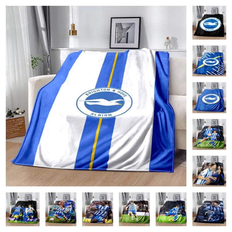 Brighton & Hove Albion Seagull Logo Blue White Gold Vertical Stripe Print Soft Flannel Throw Blanket Sofa Bed Warm Decor Cover For Football Fans